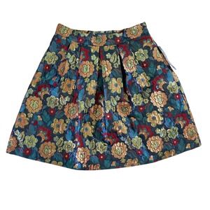Modcloth‎ Pleated Skater Skirt Pockets Dark Floral Metallic Gold Blue Red Size 0